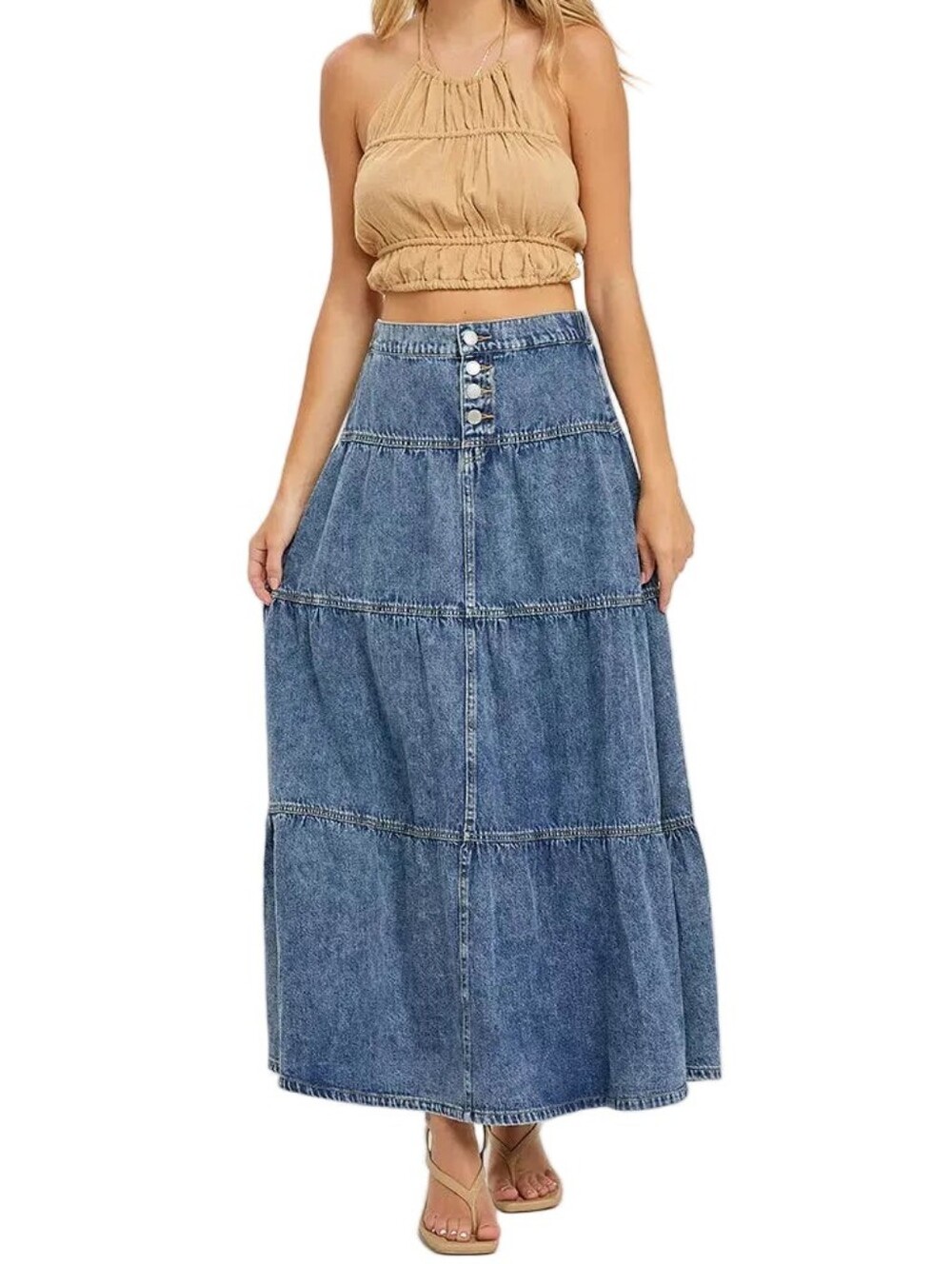 Risen High-Rise Button Elastic Waist Tiered Ruffle Cotton Denim Maxi Jean Skirt - Picture 11 of 14